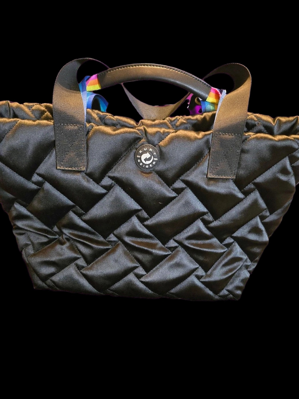 Kurt Geiger London Recycled Puff Tote Black Quilted Nylon Rainbow Strap NWT